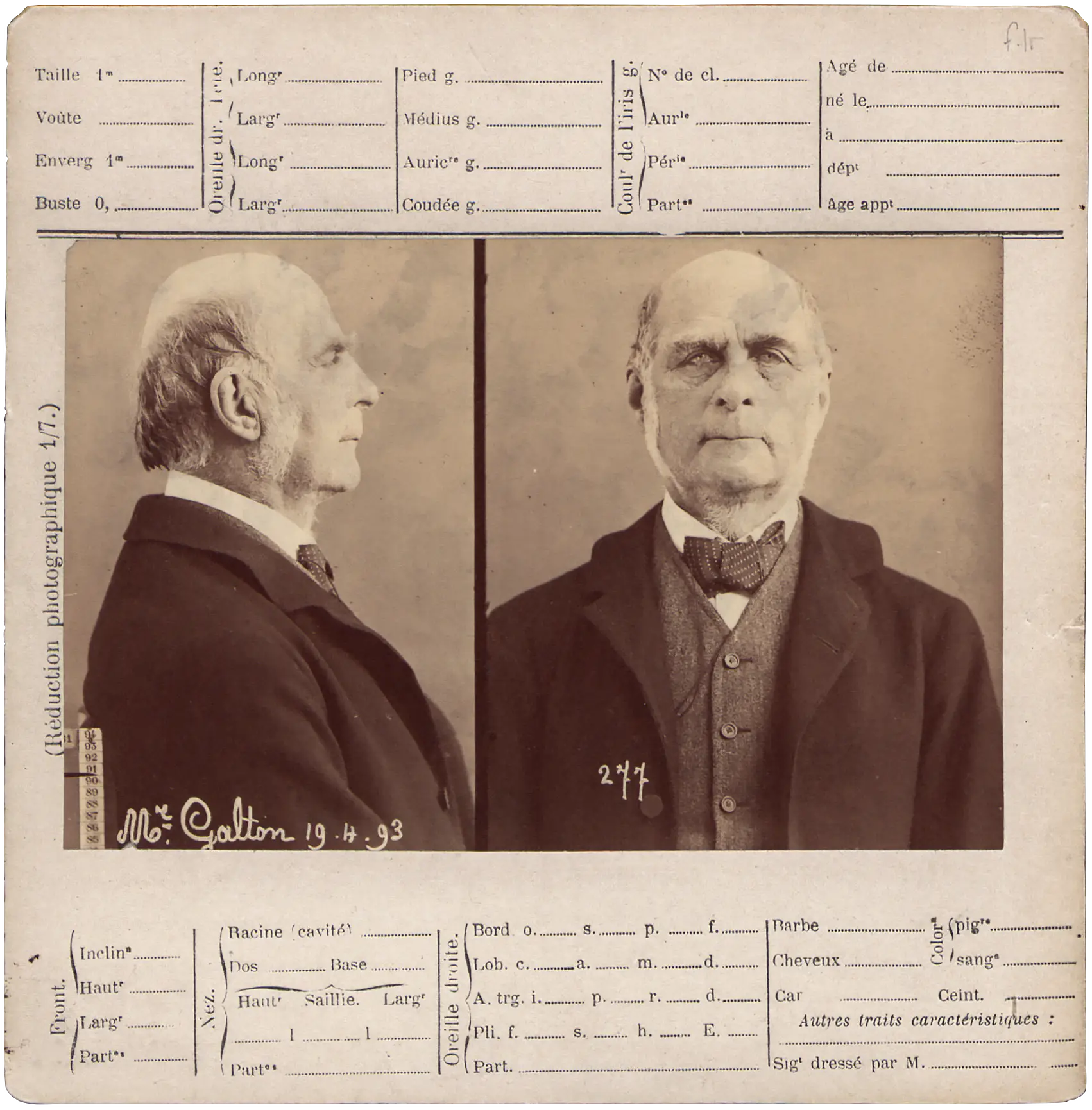 A card with empty lines for measurements to be entered. At the center of the card is a photograph of Francis Galton, taken from the side and the front, resembling a modern mugshot.